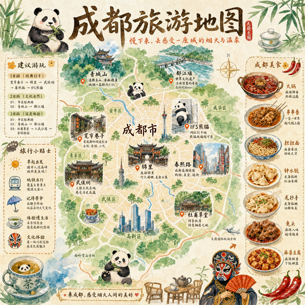 生成一张成都的手绘水彩风格的旅游地图，包含美食、攻略、重点景点的内容