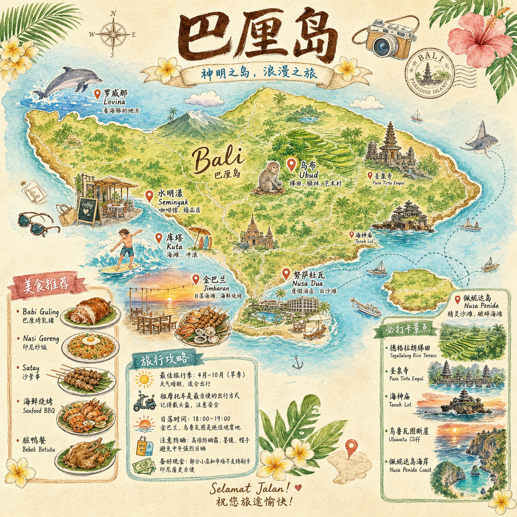 生成一张巴厘岛的手绘水彩风格的旅游地图，包含美食、攻略、重点景点的内容