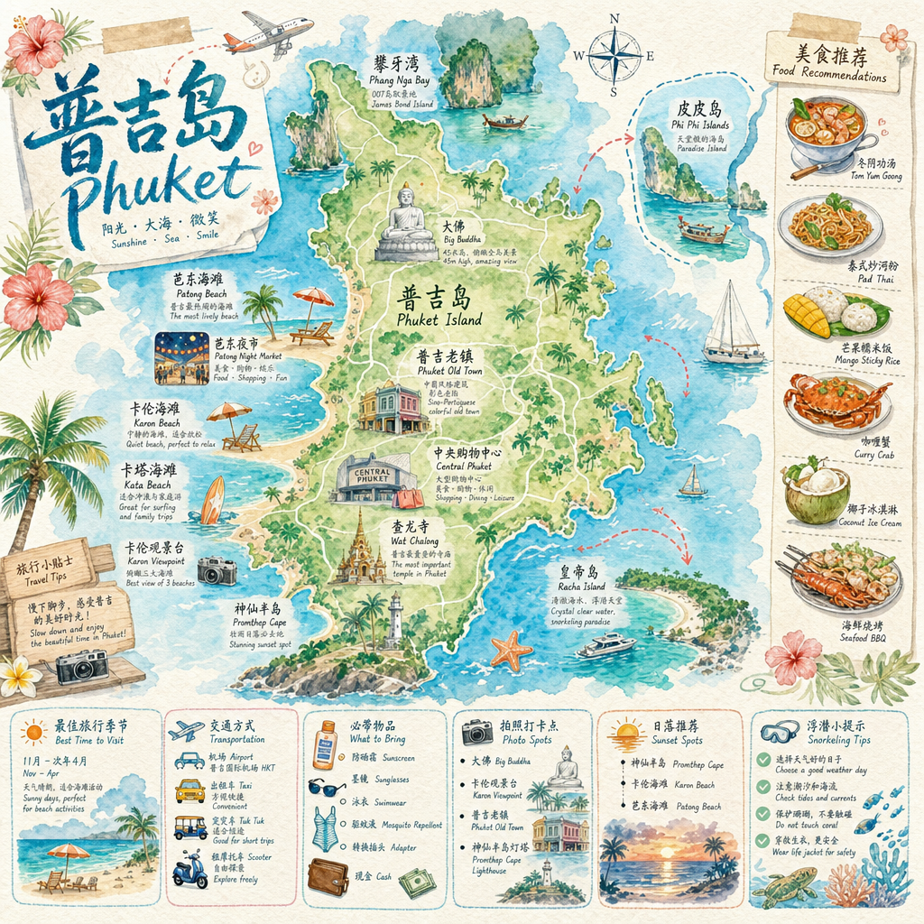 生成一张普吉岛的手绘水彩风格的旅游地图，包含美食、攻略、重点景点的内容