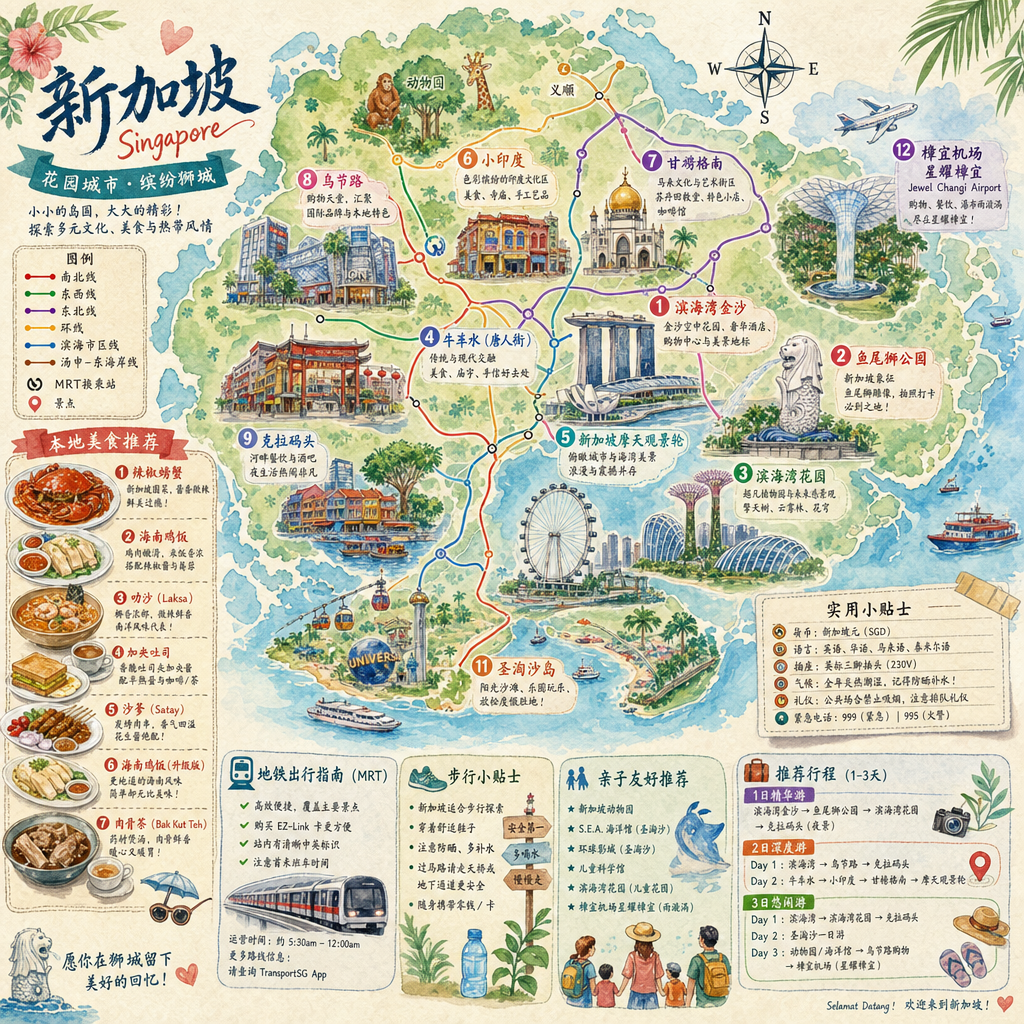 生成一张新加坡的手绘水彩风格的旅游地图，包含美食、攻略、重点景点的内容